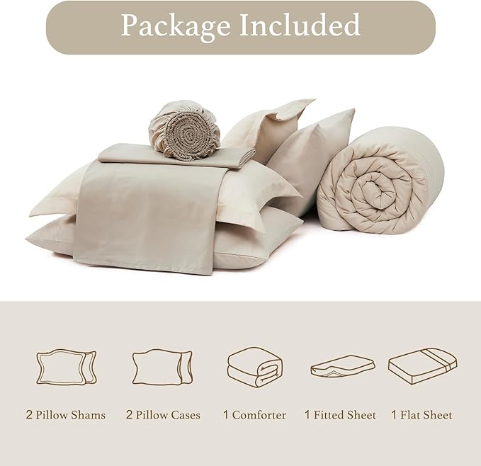 Monbix California King Size Comforter Set - 7 Pieces Bed in a Bag California King, Beige Bedding Sets with Comforter, All Seasons Down Alternative Comforter Bed Set with Sheets, Pillowcases & Shams