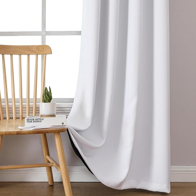 ChrisDowa White 100% Blackout Curtains for Bedroom with Black Liner, 2 Thick Layers Total Blackout Thermal Insulated Grommet Small Window Curtains 2 Panels Set (Pure White, 42 x 54 Inch)