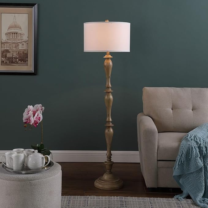 Design Floor Lamp Reading Light with Linen Shade, 61.5" Resin Farmhouse Floor Lamp, Vintage Standing Lamp for Living Room Bedroom Office (Brown 1 Pack)