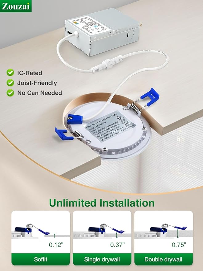 zouzai 12 Pack 4 Inch 5CCT Reset 6000k/5000k/4000k/3000k/2700k Ultra-Thin LED Recessed Ceiling Light with Junction Box, 9W Eqv 80W, Dimmable, led can Lights - ETL and Energy Star Certified