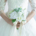 White Wedding Bouquets for Bride Bridesmaid, Artificial Sage Green Bride Flower Bouquet for Wedding Church Decoration Ceremony, Anniversary, etc, Roses Flowers