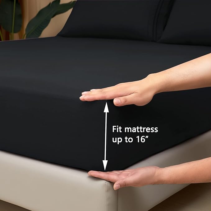 Mejoroom Queen Size Sheet Set - Hotel Luxury 1800 Bedding Sheets & Pillowcases - Deep Pocket Fitted Sheet, Soft, Breathable, Wrinkle & Fade Resistant - 4 Piece (Queen, Black)