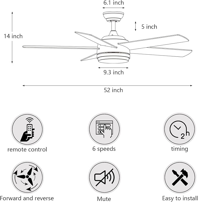 YUHAO 52 Inch Black Ceiling Fan with Light and Remote Control.Noiseless,Dimmable,3CCT,6 Speeds Reversible, DC Ceiling Fans for Indoor or Covered Outdoor