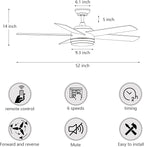 YUHAO 52 Inch White Ceiling Fan with Light and Remote Control.Noiseless,Dimmable,3CCT,6 Speeds Reversible, DC Ceiling Fans for Indoor or Covered Outdoor
