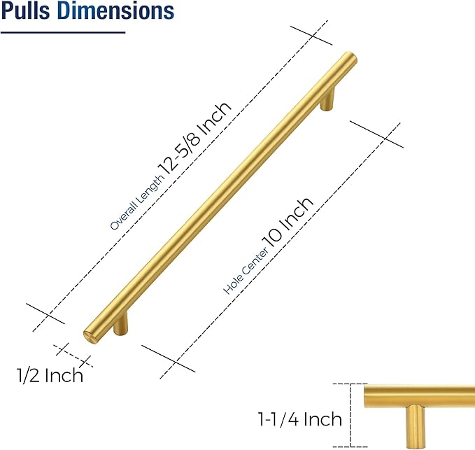 JOY DECOR 30 Pack Cabinet Handles, Gold Cabinet Pulls, 10 in Hole Center Kitchen Cabinet Handles, Stainless Steel T Bar Handles for Dresser Drawers