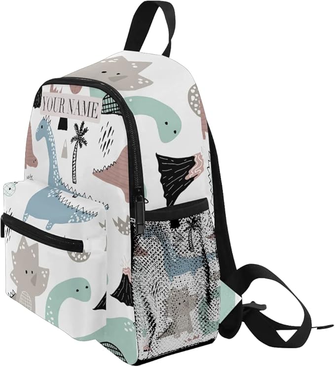 OREZI Custom Mame/Text Preschool Backpack with Chest Strap,Personalized Dino Scandinavian Style Mini Toddler Backpack Daycare Toy Bag for Boys Girls,10 x 4x 12 Inches