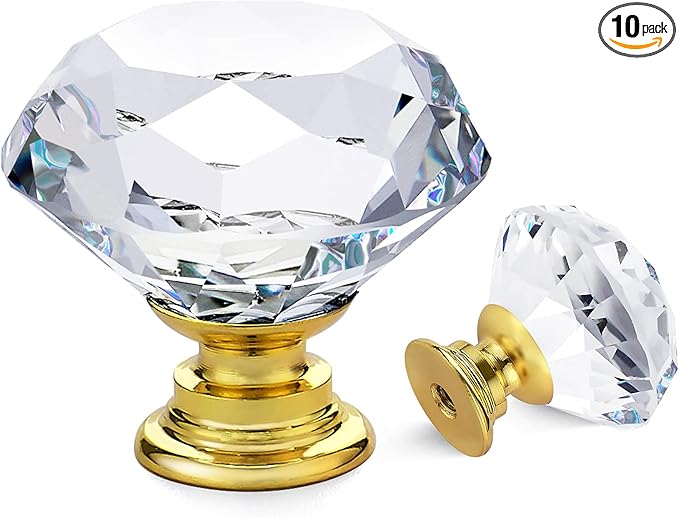 Ravinte 10 Pack Crystal Drawer Knobs - Glass Cabinet Knobs, Diamond Shaped, 30 mm with Gold Base