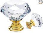 Ravinte 15 Pack Crystal Drawer Knobs - Glass Cabinet Knobs, Diamond Shaped, 30 mm with Gold Base