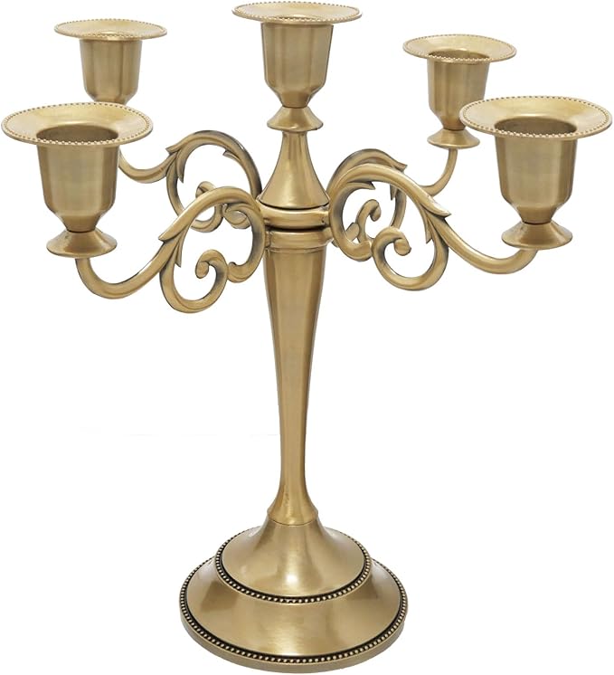Brass Candle Holder，5 Wicks Metal Candle Holders for Taper Candles（10.6 inch Tall Candelabra, for 1/2-1 inch Pillar Candles Diameter Each）,Centerpiece Elegant Decoration Piece for Table