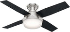 Hunter 44 inch Indoor Ceiling Fan with LED Light and Remote Control - Modern Ceiling Fan, Low Profile Mount, 4 Black Oak Blades, For Bedroom, Living Room, or Kitchen - Dempsey 59243, Brushed Nickel