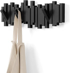 Umbra Sticks Wall-Mounted Coat Rack Rail Hook with 5 Retractable Pegs – Modern, Space-Saving Storage Organizer, Black