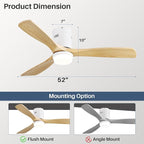 Sofucor 52 Inch Ceiling Fans with Lights, Solid Wood Ceiling Fan with Light Remote Control, Flush Mount Indoor/Outdoor Ceiling Fans, Reversible DC Motor, 3 Blade Ceiling Fan Light for Bedroom Patio