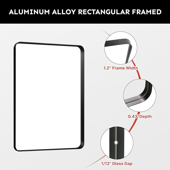 Kosmonia 36x30 Bathroom Vanity Mirror for Wall, Aluminum Framed, Farmhouse Rectangle, Anti-Rust, HD Reflection Anti-Desilvering, Distortion Free, Tempered and Shatter-Proof Wall Mounted Mirror, Black