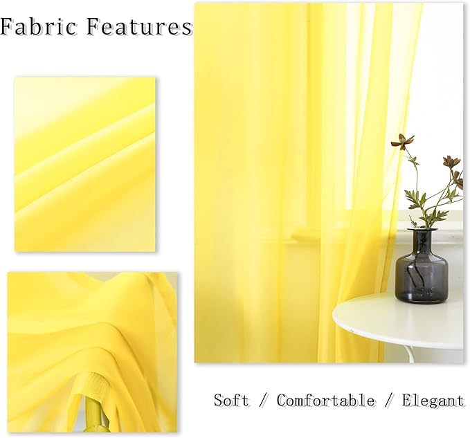 DUALIFE Yellow Sheer Curtains 84 Inches Long for Living Room Set 2 Grommet Look Soft Semi Transparent Voile Drape Window Sheer Curtains for Bedroom Boys 52x84 Length Solid Bright Color