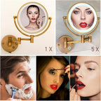 Hardwired Bathroom Wall Mounted Makeup Mirror with Lights and Magnification, 1X/5X Double-Sided for Exquisite Make-up, Extendable Adjustable Angle, No Bending Over Design, Antique Brass