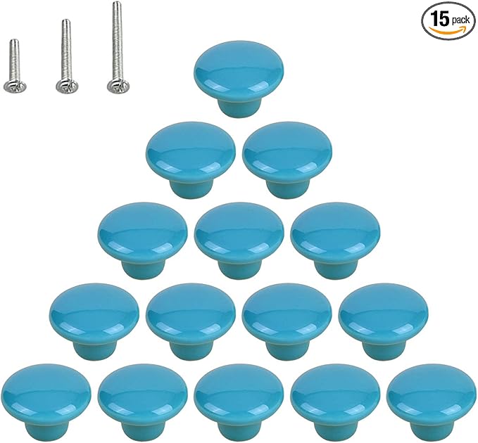 HUAMULAN 15PCS Blue Glossy Ceramic Knobs Button Round Mushroom Cabinet Dresser Vintage Pulls Door Handles Cupboard Wardrobe Drawer, Dia. 1.5 inch 38mm