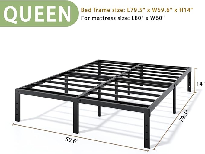 Metal Bed Frame Queen Size - 14 Inch Heavy-Duty Queen Platform Bed Frame No Box Spring Needed, Easy Assembly, Noise-Free, Sturdy Mattress Foundation, Underbed Storage Space
