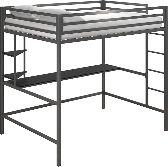 Novogratz Maxwell Metal Full Loft Bed with Desk & Shelves, Gray/Black