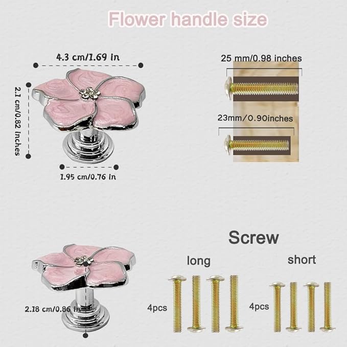 4pcs Petal Handles Zinc Alloy Single Hole Flower Shape Inlaid Rhinestone Drawer Pull Kitchen Handle for Dresser Closet Furniture Handle（Pink Silver）