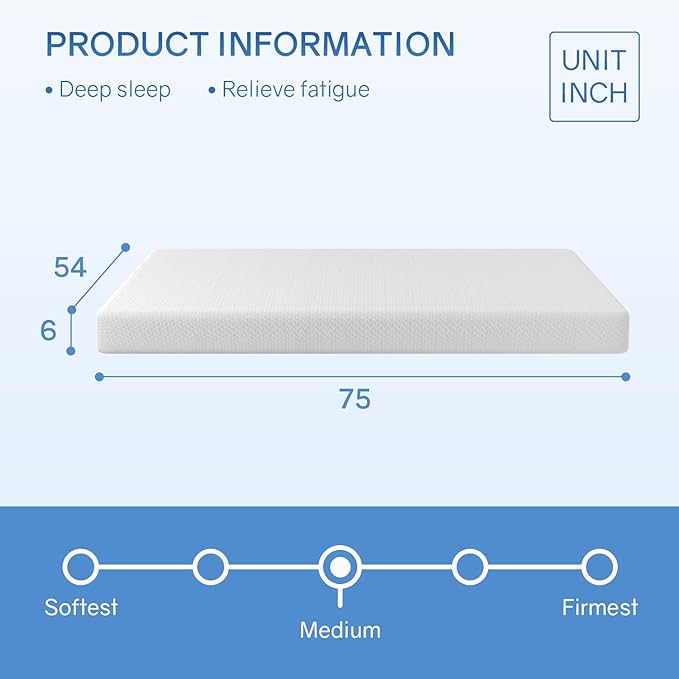 PayLessHere 6 Inch Green Tea Fiberglass Free Cooling Gel Memory Foam Mattress Full Size in a Box,Medium-Firm Pressure Relief&Temperature Regulation,CertiPUR-US Certified,White