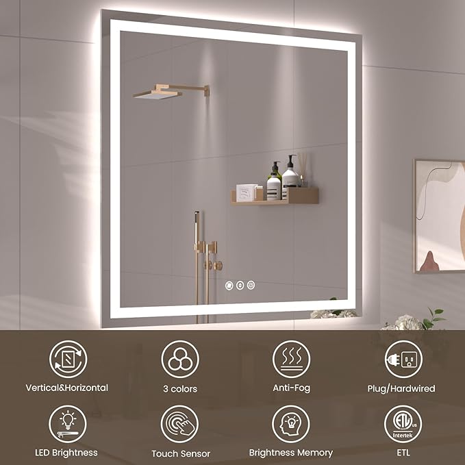 40"X30" LED Bathroom Mirror with Front Lights and Backlit, Anti-Fog, Dimmable, Shatter-Proof Tempered Glass, Lighted Bathroom Vanity Mirror for Wall with 3 Colors, Memory Function