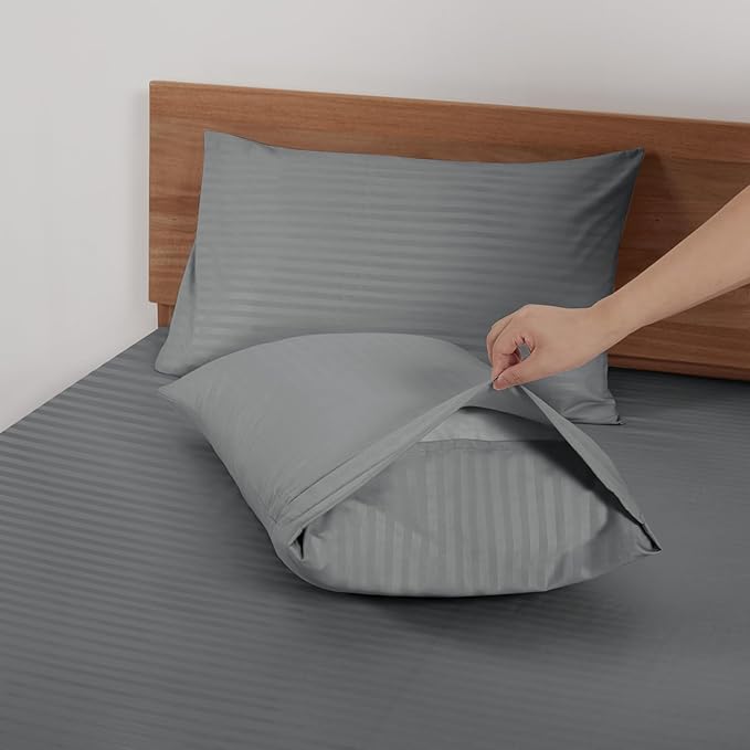 Mejoroom Striped Grey-01 1800 Thread Count Queen Sheet Set - Hypoallergenic, Deep Pocket, Breathable, Wrinkle & Stain Resistant - 4 Piece