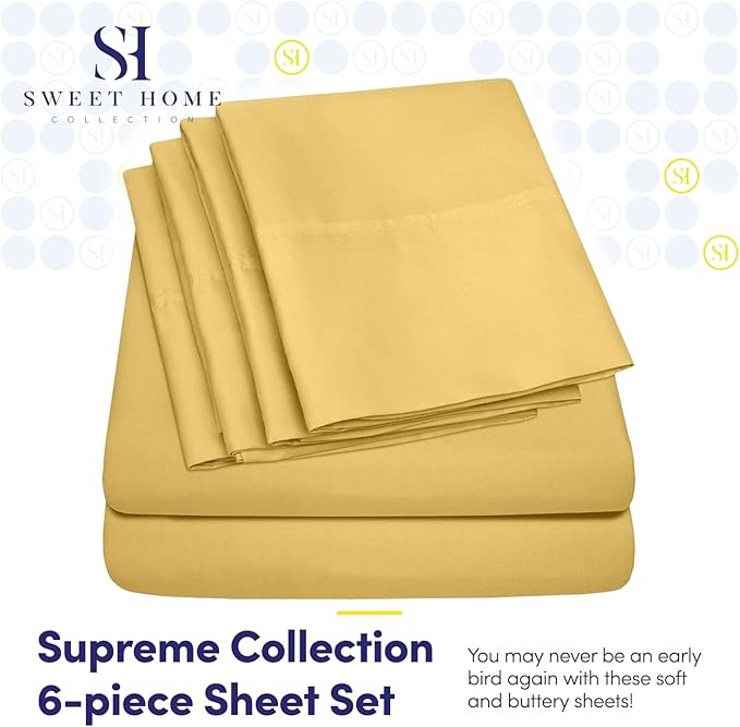 Cal King Size Bed Sheets - 6 Piece 1500 Supreme Collection Fine Brushed Microfiber Deep Pocket California King Sheet Set Bedding - 2 Extra Pillow Cases, Great Value, California King, Yellow