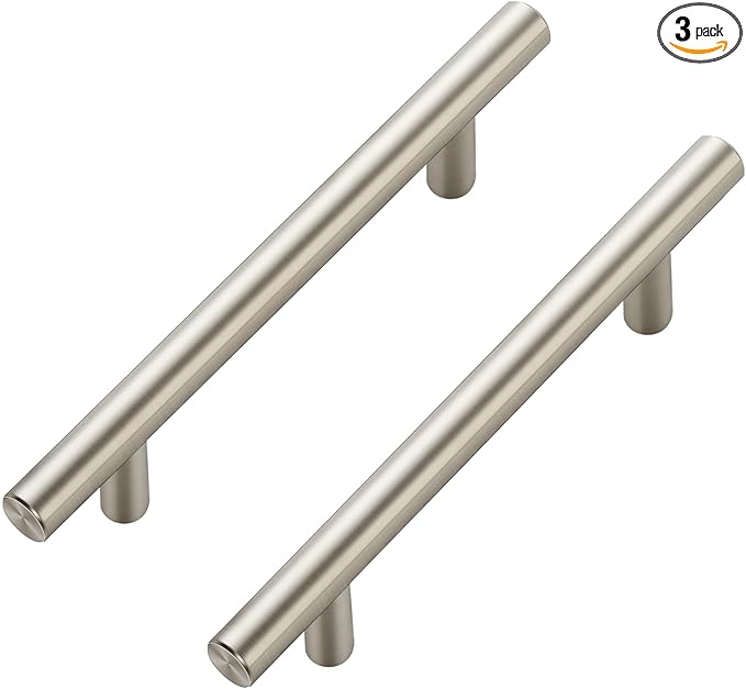 JOY DECOR 3 Pack Cabinet Handles, Brushed Nickel Cabinet Pulls, 4 in Hole Center Kitchen Cabinet Handles, Stainless Steel T Bar Handles for Dresser Drawers