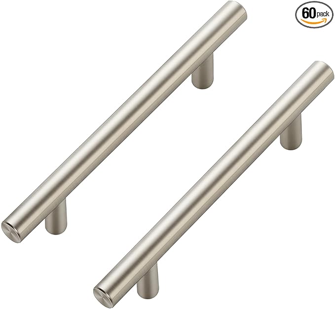 JOY DECOR 60 Pack Cabinet Handles, Brushed Nickel Cabinet Pulls, 4 in Hole Center Kitchen Cabinet Handles, Stainless Steel T Bar Handles for Dresser Drawers