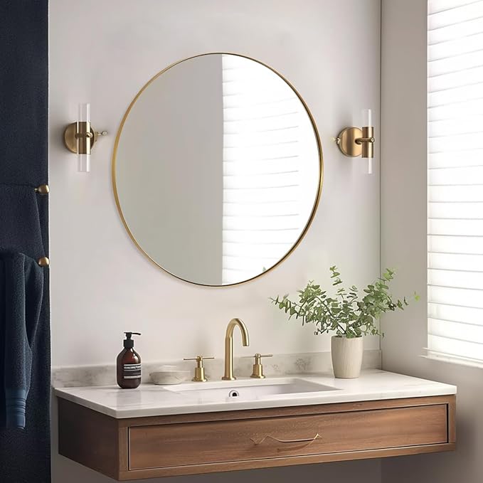 ANDY STAR Round Gold Mirror 30 inch, Brass Mirror with Brushed Gold Frame, Wall Mounted Stainless Steel Metal Frame Round Mirror for Bathroom, Living Room, Bedroom