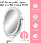 Wall Mounted Makeup Vanity Mirror with Lights, 8” Double Sided 1X/10X Wall Mount Magnifying Bathroom Shaving Mirror with 3 Color Lights, Rechargeable Touch Dimmable Extendable Cosmetic