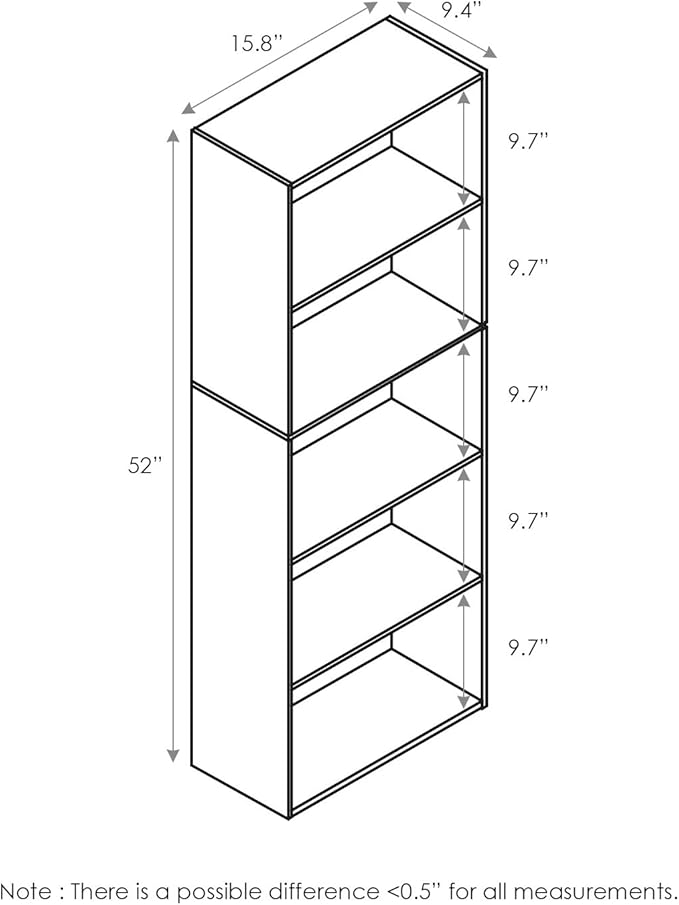 Furinno LUDER Book Shelf, 5-Tier Bookshelf, Bookcase, 9.4" x 15.8" x 52", for Living Room, Bedroom, Home Office, White/Pink