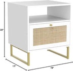 Nathan James Mina Rattan Wood End Side Accent Table Nightstand with Storage for Living Room or Bedroom, 1, White/Gold