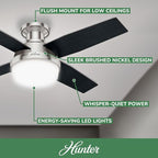 Hunter 44 inch Indoor Ceiling Fan with LED Light and Remote Control - Modern Ceiling Fan, Low Profile Mount, 4 Black Oak Blades, For Bedroom, Living Room, or Kitchen - Dempsey 59243, Brushed Nickel