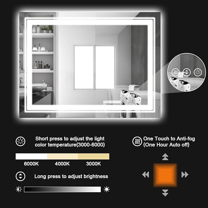 LED Bathroom Mirror, 32"X32" with Front and Backlit, Anti-Fog, Bathroom Vanity Mirror for Wall, Memory Function, Stepless Dimmable, Tempered Glass (Horizontal/Vertical)