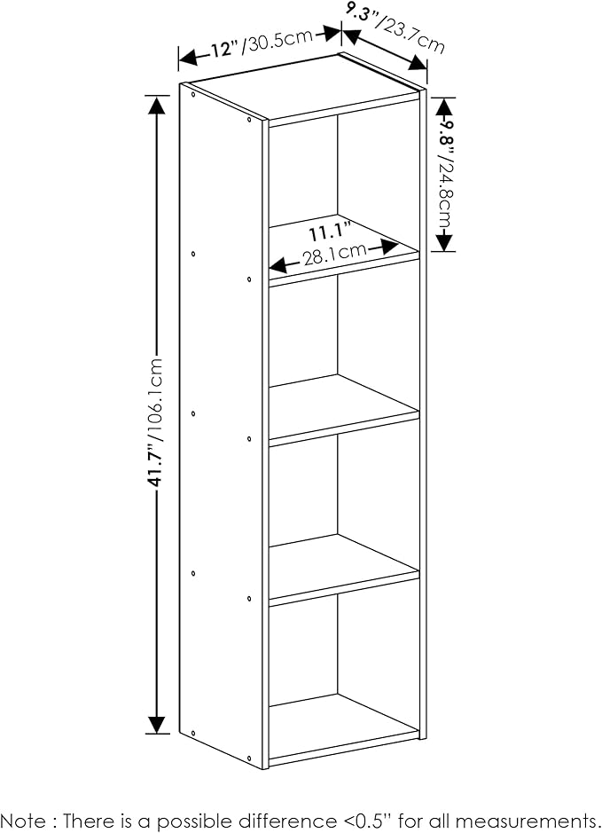 Furinno PASIR Book Shelf, 4-Tier Modern Bookshelf, Open Shelves Bookcase 9" x 12" x 42", for Living Room, Bedroom, Home Office, White