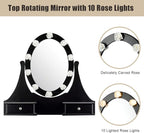 Giantex Vanity Set with Lighted Mirror, Makeup Table with 10 Rose Light, Modern Dressing Desk with Cushioned Stool, 3 Drawers and 360° Rotating Mirror for Bedroom, Vanity Table with Stool (Black)