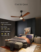 Modern Ceiling Fans with Lights, 3 Wood Fan Blades, 52" Black with Remote Control, Noiseless Reversible DC Motor for Bedroom/Living Room/Study/Patio