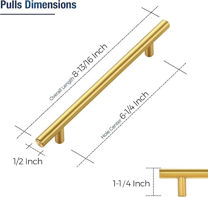JOY DECOR 3 Pack Cabinet Handles, Gold Cabinet Pulls, 6-1/4 in Hole Center Kitchen Cabinet Handles, Stainless Steel T Bar Handles for Dresser Drawers