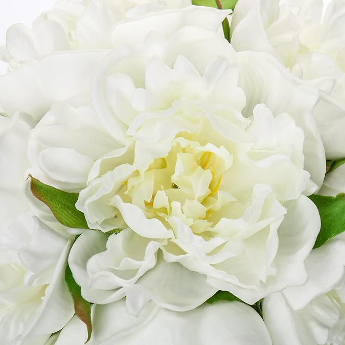 Hollyone Fake Flowers White Peonies Artificial Flowers Faux Flowers with Vase Peony Silk Flower Arrangements in Glass Vase with Faux Water for Home Decor Bathroom Table Centerpiece Shelf Decorations