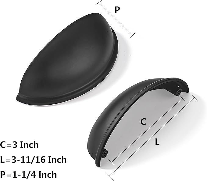 khtumeware 10 Pack 3" Drawer Pulls Matte Black Cabinet Cup Pulls Kitchen Hardware Cabinet Handles Drawer Handles Knobs 3 inch Hole Center