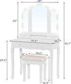 Tiptiper Vanity Table Set with Lighted Tri-Folding Mirror, Makeup Vanity with Lights & 3 Color Lighting Modes, Vanity Desk with Mirror and Cushioned Stool, Makeup Table with 5 Drawers, White