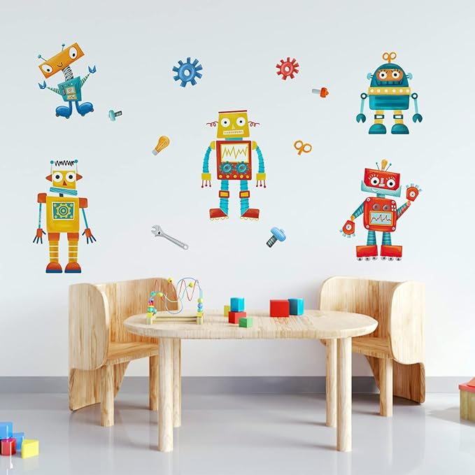 Yovkky Robots Educational Wall Decals Stickers, Bulb Gear Baby Boys Room Nursery Playroom Decor, Clockwork Wrench Toddler Kids Bedroom Home Classroom Decorations Art