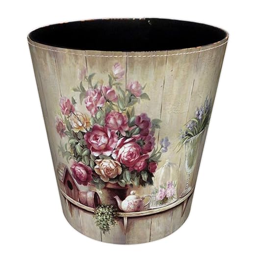 10L/2.64 Gallon Trash Can, Decorative Waste Basket, PU Leather Waste Paper Basket, Waterproof Garbage Can for Bathroom, Bedroom, Office, Kitchen and Living Room - Flower-5