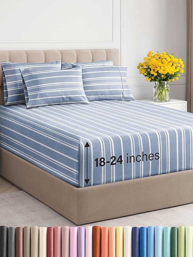 Extra Deep Queen Sheet Set - 6 Piece Breathable and Cooling Sheets - Hotel Luxury Bed Sheets Set - Easy Fit - Soft, Wrinkle Free and Comfy Sheets Set - Blue Striped Sheet Set with Extra Deep Pockets