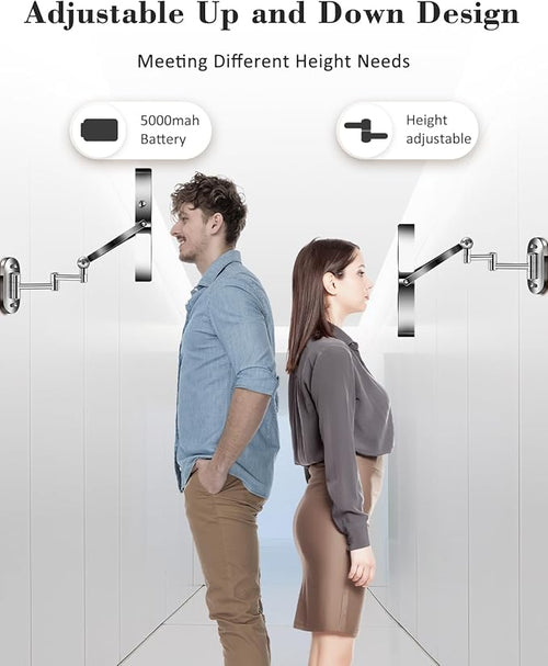 30X/1X Wall Mounted Lighted Makeup Mirror, 9'' Height Adjustable Double Sided 5000mAh Rechargeable Magnifying Bathroom Mirror with Light, 3 Color Modes Touch Dimmable Extended Arm 360 Rotation
