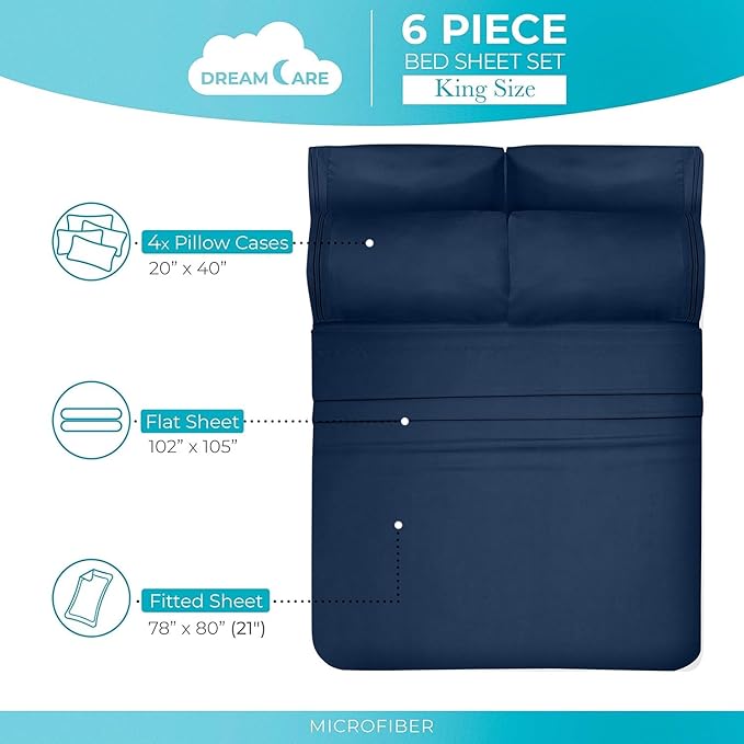 DREAMCARE Queen Sheet Set – 6 pcs Cooling Bed Sheets – up to 21” Deep Pocket Queen Sheets Set – 2500 Supreme Collection – Extra Soft 100% Brushed Microfiber Hotel Luxury with Side Pocket – N Blue