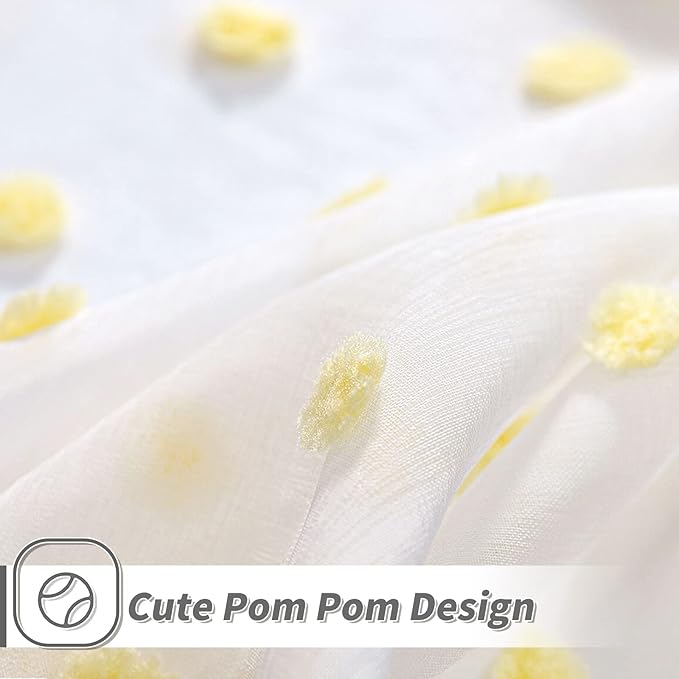 MYSKY HOME Short Curtains for Small Window - 45 Inch Long Pom Pom Sheer Curtains for Bedroom, Living Room, Kitchen, Nursery - Yellow Cafe Panels with Rod Pocket - 2 Sets Voile - 52 x 45 in