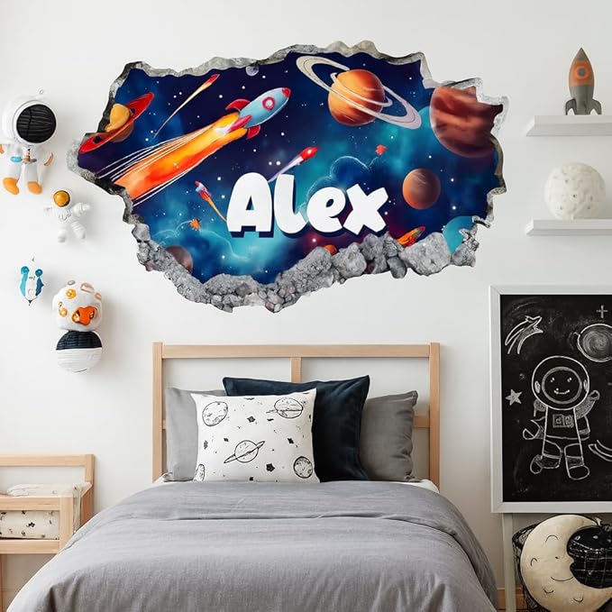Personalized Space 3D Wall Hole Decal for Kids Room – Custom Name Rocket Galaxy Planet Wall Sticker for Boys Bedroom – Outer Space Themed Wall Art for Nursery Playroom – Removable Vinyl Decor