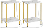HOOBRO Side Table with Charging Station, Set of 2 End Tables with USB Port and Outlet, Nightstand with 2-Layer Storage Shelves for Small Spaces, Living Room, Bedroom, Gold and Marble DM09UBZP201